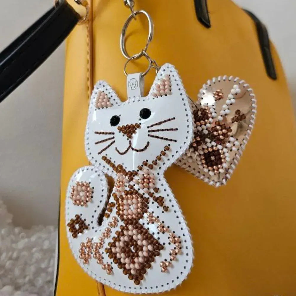 Kitten with Heart Bag Charms, White and Brown - Bead Embroidery kit on faux leather