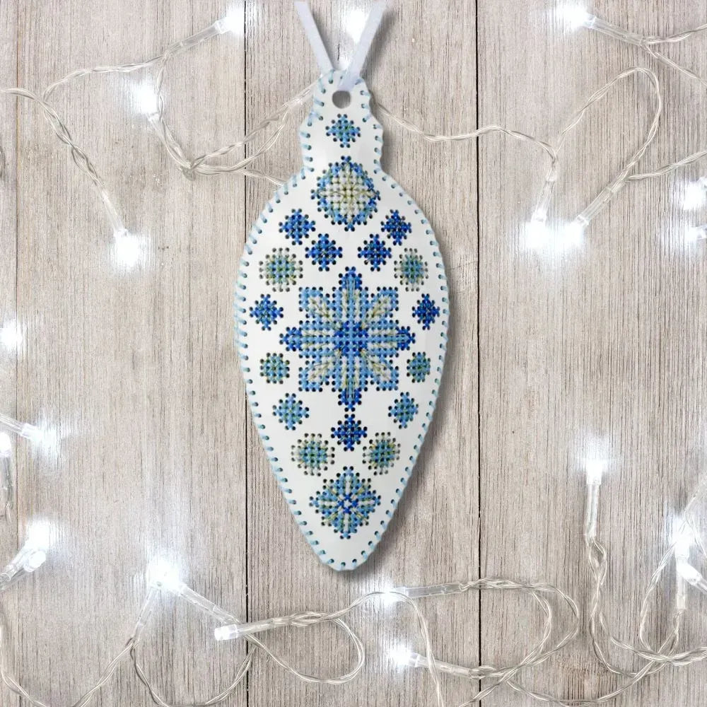 Icicle Ornament, Blue and White - Cross stitch kit on faux leather