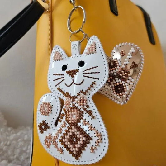 Kitten with Heart Bag Charms, White and Brown - Bead Embroidery kit on faux leather