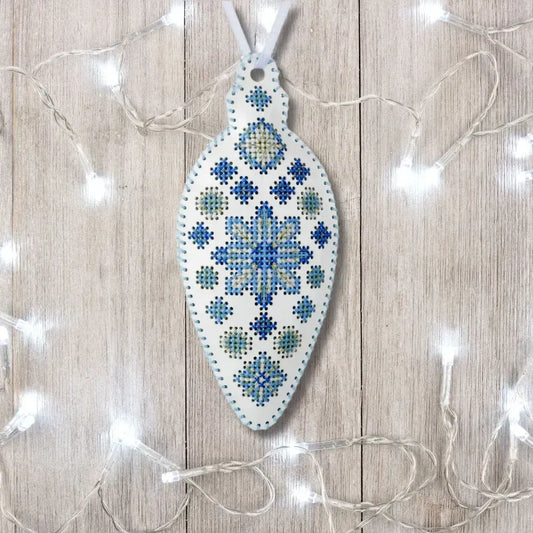 Icicle Ornament, Blue and White - Cross stitch kit on faux leather