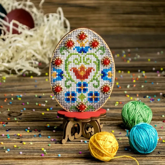 Easter Egg, Red and Blue Floral - Cross Stitch Kit on Wood