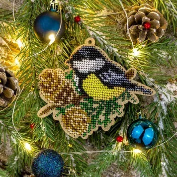 Titmouse on Pinecones - Bead Embroidery on Wood Kit